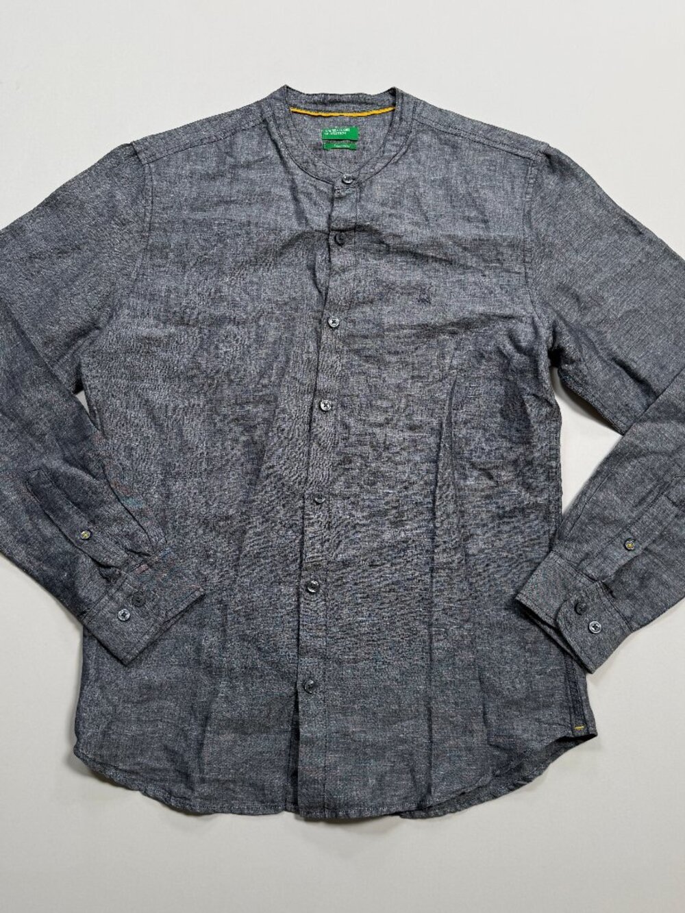 United Colors of Benetton Grey Linen Mandarin Collar Button Up Shirt - Men's MED